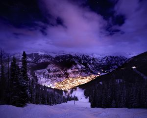 Preview wallpaper mountains, slope, snow, lights, evening