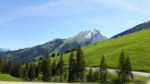 Preview wallpaper mountains, slope, trees, road