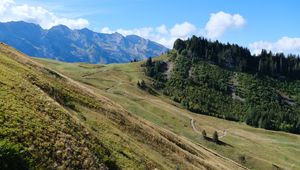 Preview wallpaper mountains, slope, trees, trail