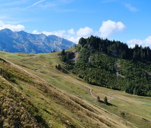 Preview wallpaper mountains, slope, trees, trail