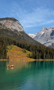 Preview wallpaper mountains, slope, trees, lake, boat