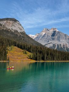 Preview wallpaper mountains, slope, trees, lake, boat