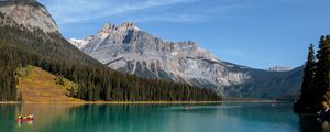 Preview wallpaper mountains, slope, trees, lake, boat