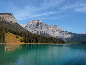 Preview wallpaper mountains, slope, trees, lake, boat