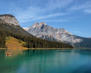 Preview wallpaper mountains, slope, trees, lake, boat