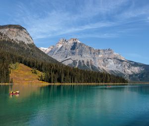 Preview wallpaper mountains, slope, trees, lake, boat