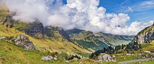 Preview wallpaper mountains, slope, valley, stones, clouds, landscape