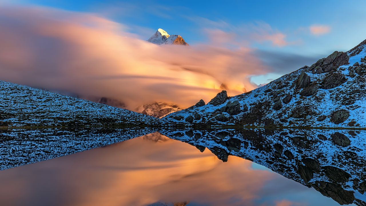 Wallpaper mountains, slopes, clouds, lake, reflection, winter, snow, nature