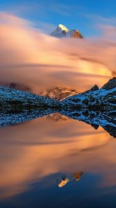 Preview wallpaper mountains, slopes, clouds, lake, reflection, winter, snow, nature