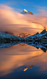 Preview wallpaper mountains, slopes, clouds, lake, reflection, winter, snow, nature