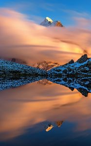 Preview wallpaper mountains, slopes, clouds, lake, reflection, winter, snow, nature