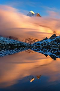 Preview wallpaper mountains, slopes, clouds, lake, reflection, winter, snow, nature