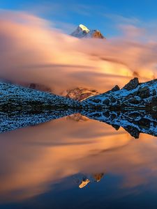 Preview wallpaper mountains, slopes, clouds, lake, reflection, winter, snow, nature