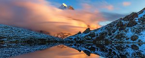 Preview wallpaper mountains, slopes, clouds, lake, reflection, winter, snow, nature