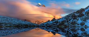 Preview wallpaper mountains, slopes, clouds, lake, reflection, winter, snow, nature