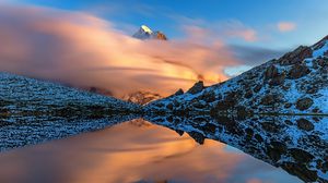 Preview wallpaper mountains, slopes, clouds, lake, reflection, winter, snow, nature