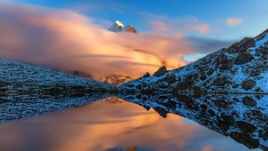 Preview wallpaper mountains, slopes, clouds, lake, reflection, winter, snow, nature