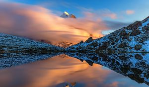 Preview wallpaper mountains, slopes, clouds, lake, reflection, winter, snow, nature