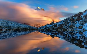 Preview wallpaper mountains, slopes, clouds, lake, reflection, winter, snow, nature