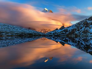 Preview wallpaper mountains, slopes, clouds, lake, reflection, winter, snow, nature