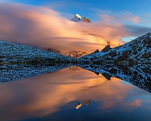 Preview wallpaper mountains, slopes, clouds, lake, reflection, winter, snow, nature