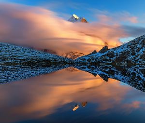 Preview wallpaper mountains, slopes, clouds, lake, reflection, winter, snow, nature