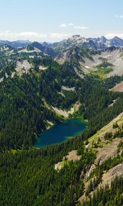 Preview wallpaper mountains, slopes, forest, trees, lake, nature