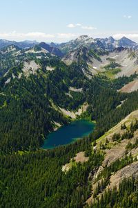 Preview wallpaper mountains, slopes, forest, trees, lake, nature