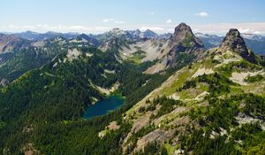 Preview wallpaper mountains, slopes, forest, trees, lake, nature