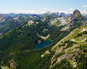 Preview wallpaper mountains, slopes, forest, trees, lake, nature