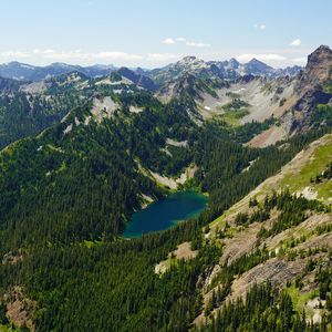 Preview wallpaper mountains, slopes, forest, trees, lake, nature
