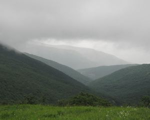 Preview wallpaper mountains, slopes, hills, fog, despondency