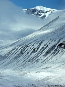 Preview wallpaper mountains, slopes, snow, stones, fog