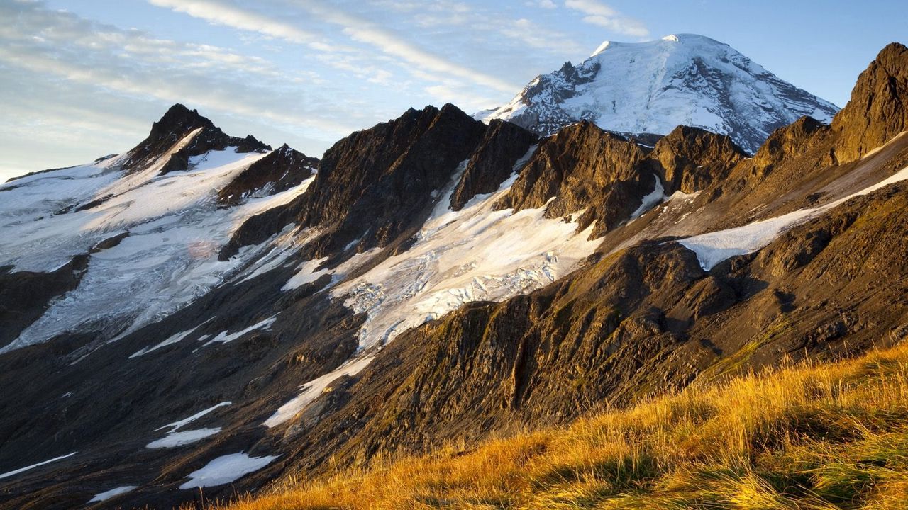 Wallpaper mountains, slopes, snow, grass