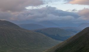 Preview wallpaper mountains, slopes, stream, clouds, landscape