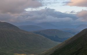 Preview wallpaper mountains, slopes, stream, clouds, landscape