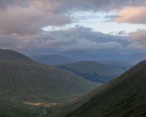 Preview wallpaper mountains, slopes, stream, clouds, landscape