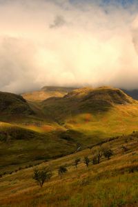 Preview wallpaper mountains, slopes, trees, clouds, light, shadow