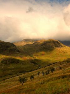 Preview wallpaper mountains, slopes, trees, clouds, light, shadow