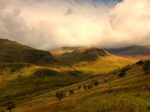 Preview wallpaper mountains, slopes, trees, clouds, light, shadow