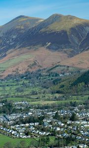 Preview wallpaper mountains, slopes, trees, valley, houses, nature