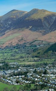 Preview wallpaper mountains, slopes, trees, valley, houses, nature