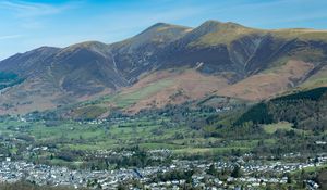 Preview wallpaper mountains, slopes, trees, valley, houses, nature