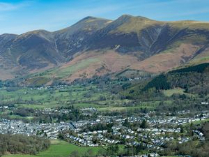 Preview wallpaper mountains, slopes, trees, valley, houses, nature