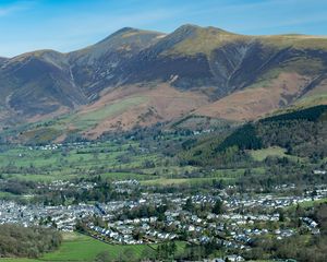 Preview wallpaper mountains, slopes, trees, valley, houses, nature