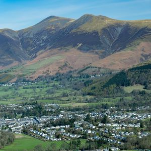 Preview wallpaper mountains, slopes, trees, valley, houses, nature