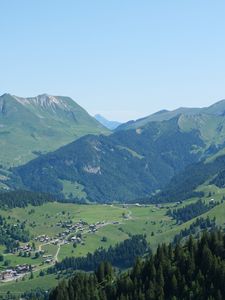 Preview wallpaper mountains, slopes, valley, houses, trees