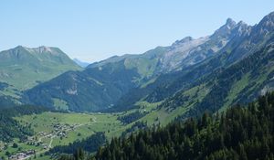 Preview wallpaper mountains, slopes, valley, houses, trees