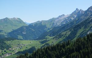 Preview wallpaper mountains, slopes, valley, houses, trees