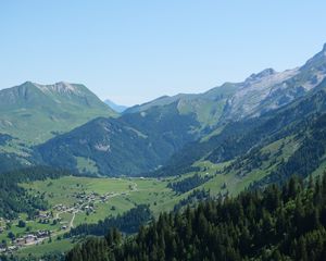 Preview wallpaper mountains, slopes, valley, houses, trees